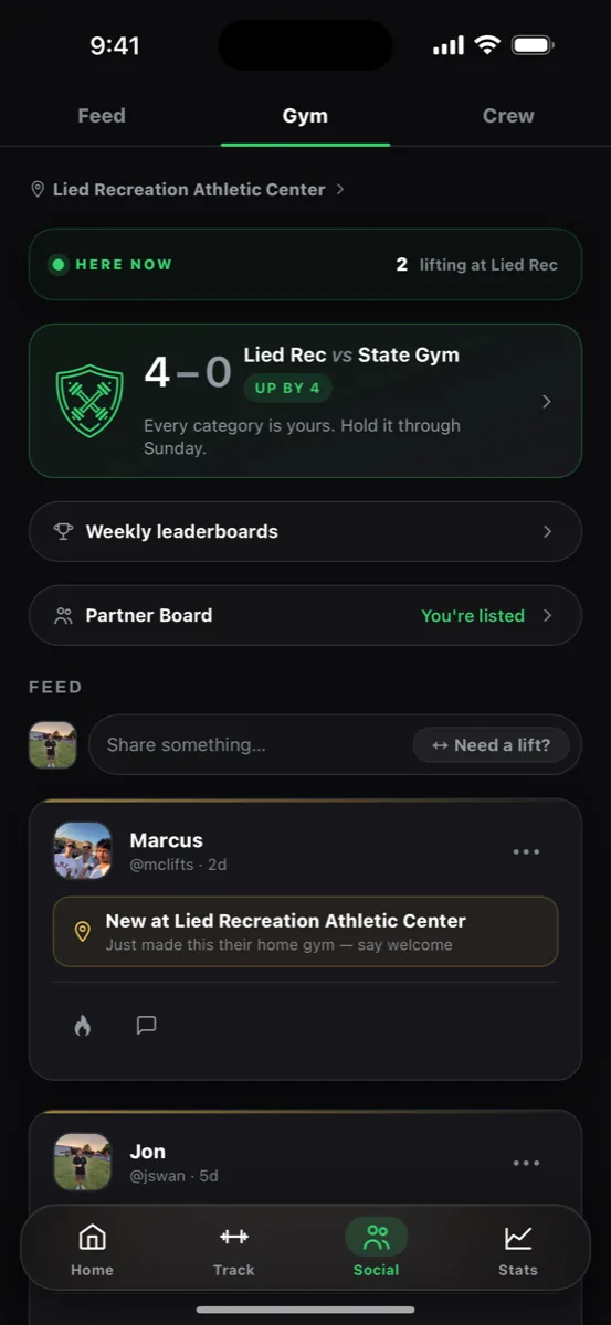 The Ceko gym tab showing Lied Rec versus State Gym at 4 to 0, weekly leaderboards and the Partner Board