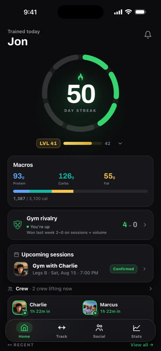 The Ceko home screen showing a 50 day streak, level 41, macros for the day and a gym rivalry card reading 4 to 0